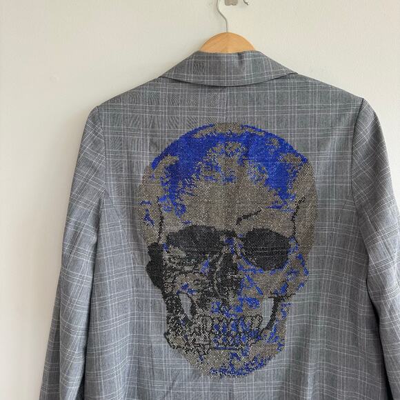Hipchik Couture Beaded Blue Skull Plaid Single-Breasted Blazer Gray 14 - Picture 7 of 7